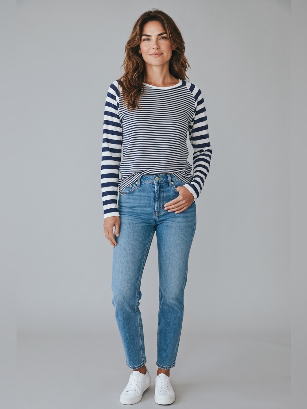 Beachy Zoe Karssen Navy+white striped Women’s lightweight knit sweater size L